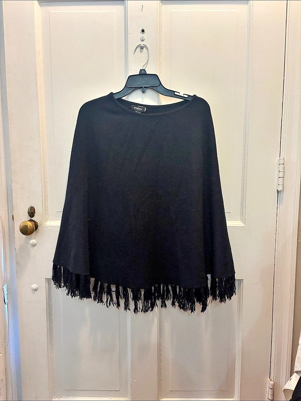 100% Cashmere Black Poncho with Fringe